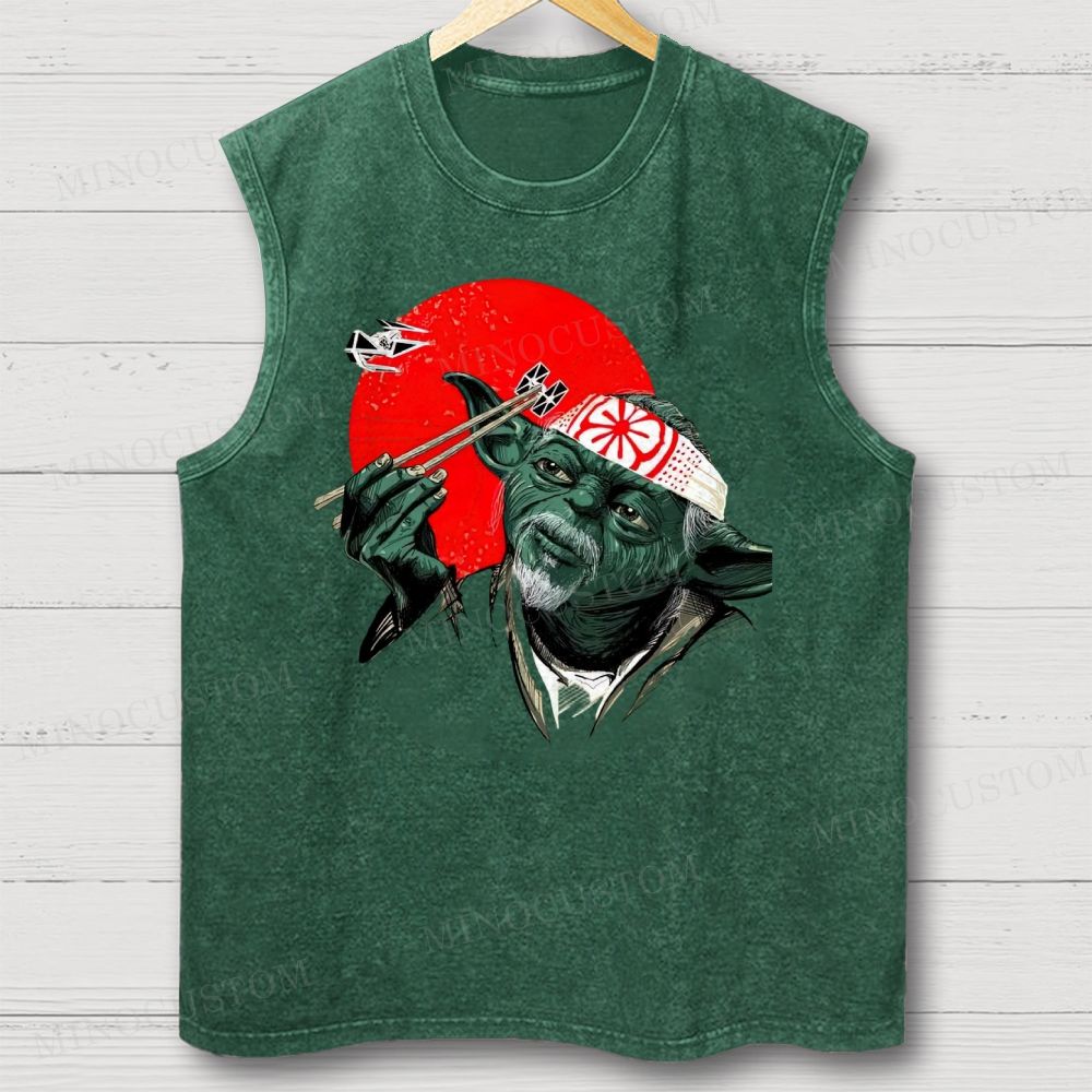 Funny Green Alien Samurai Graphic Washed Vest