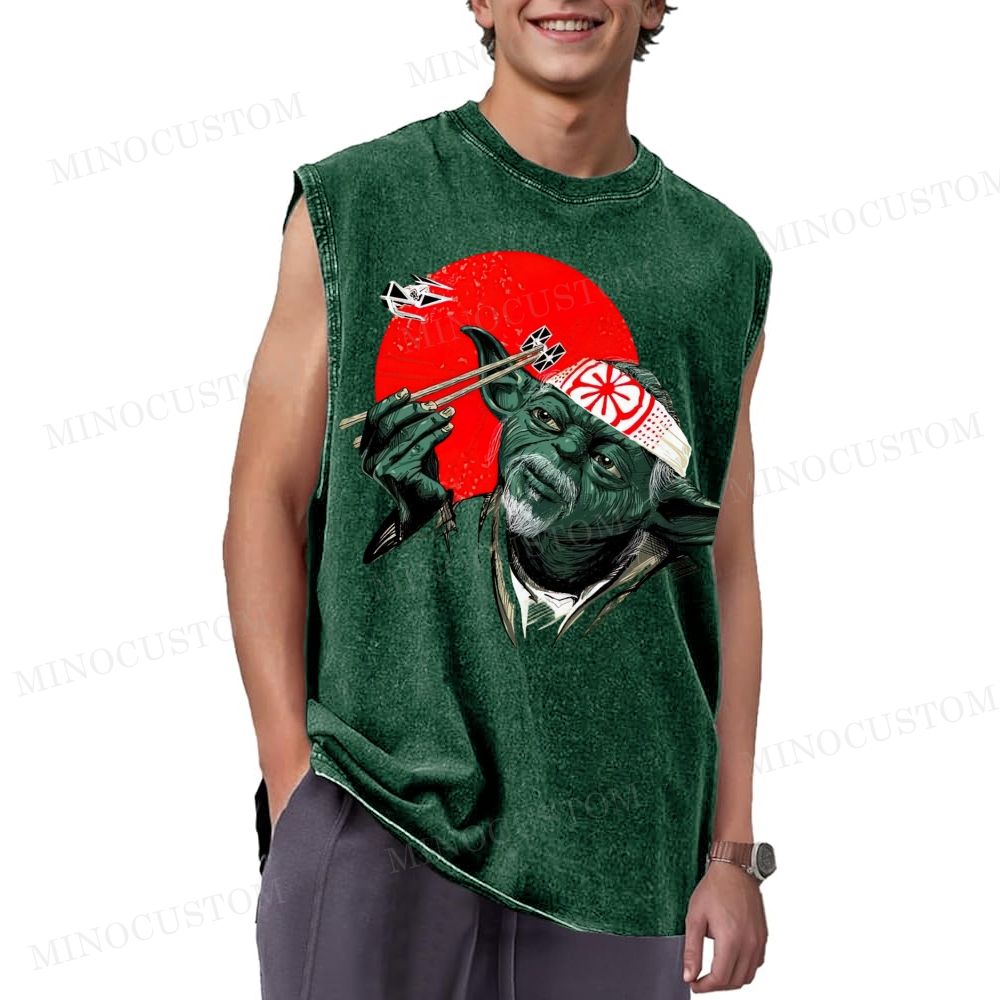 Funny Green Alien Samurai Graphic Washed Vest