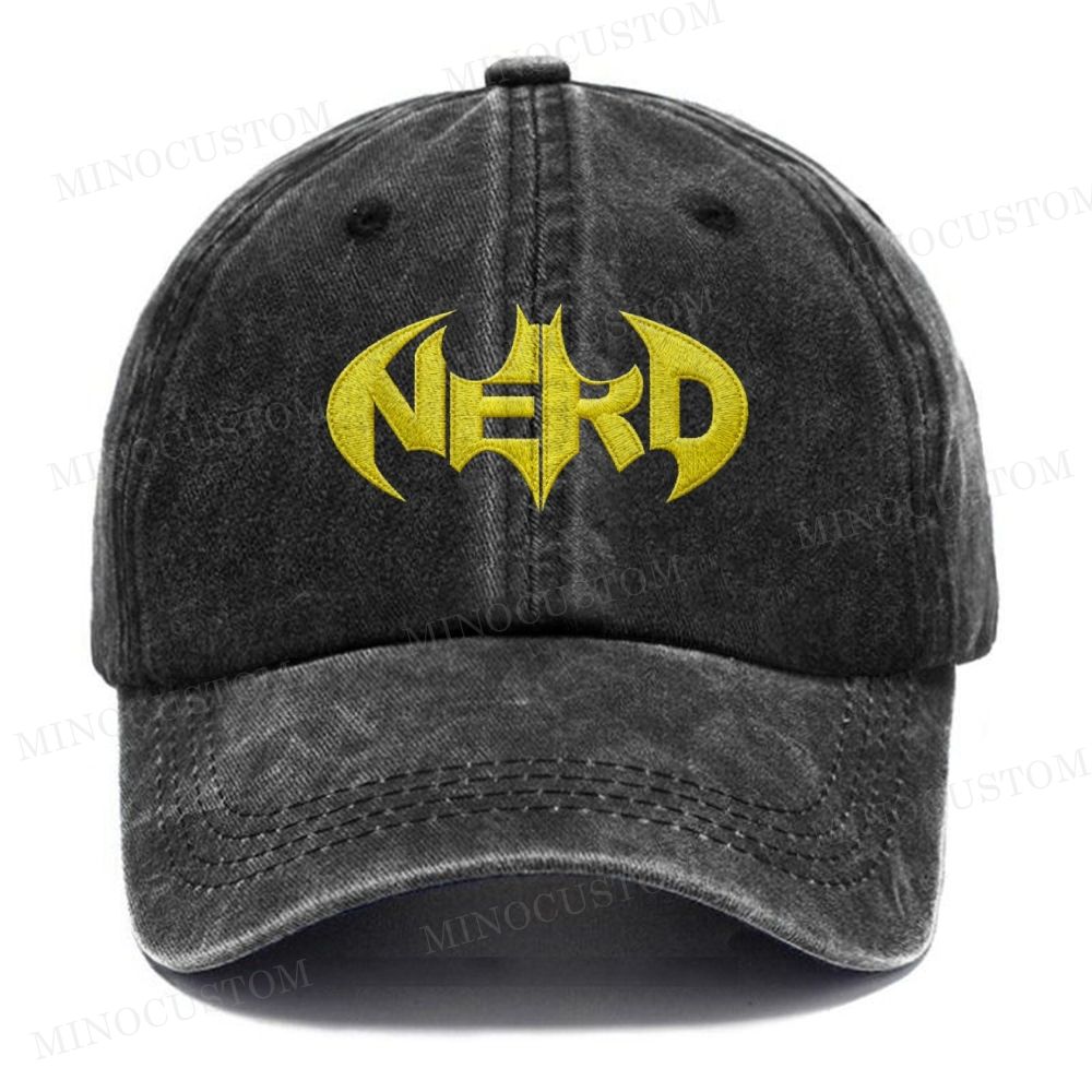 Embroidered "Nerd" Bat Symbol Vintage Casual Washed Cap