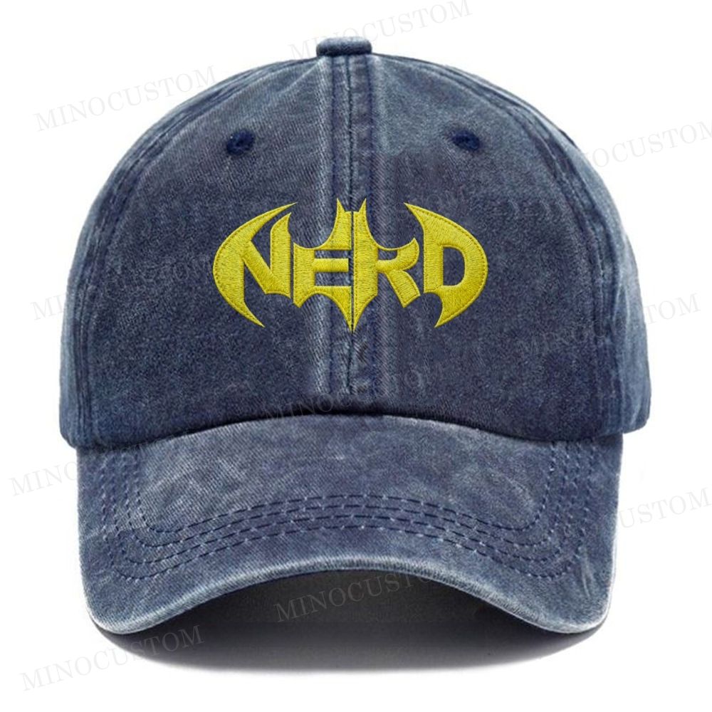 Embroidered "Nerd" Bat Symbol Vintage Casual Washed Cap
