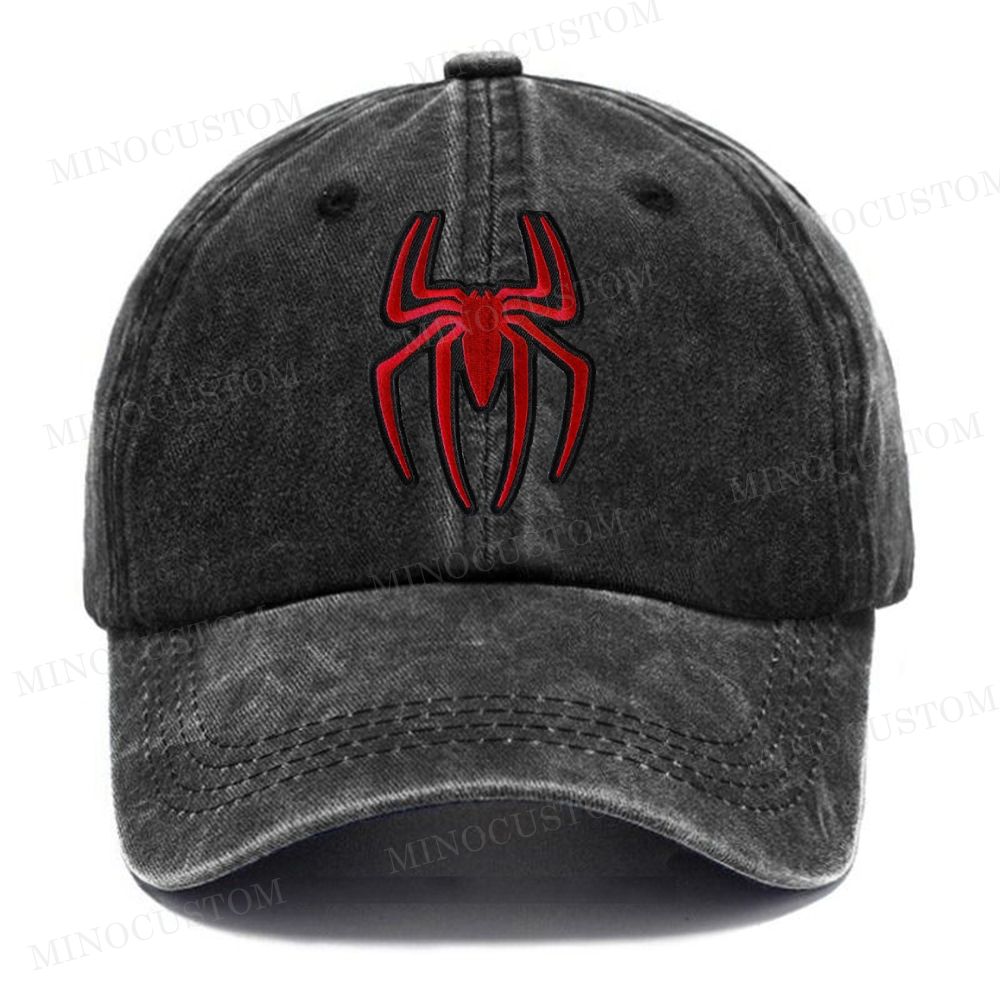 Embroidered Red Spider Symbol Vintage Casual Washed Cap