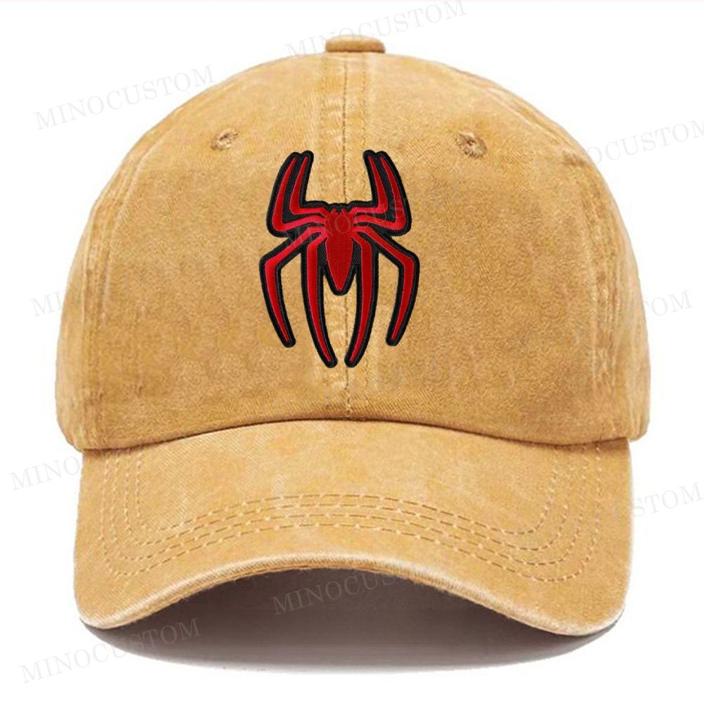 Embroidered Red Spider Symbol Vintage Casual Washed Cap
