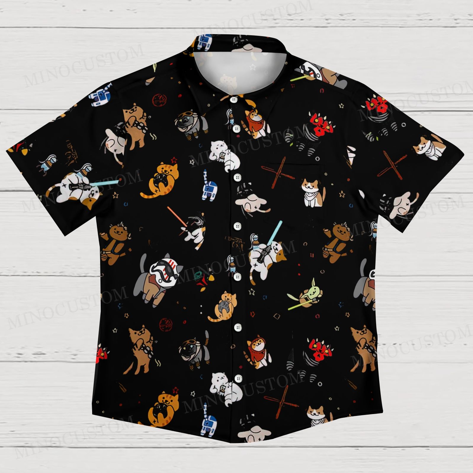 Tie The Fighter Cat Funny Men's Shirt Collar Resort Short Sleeve Shirt 