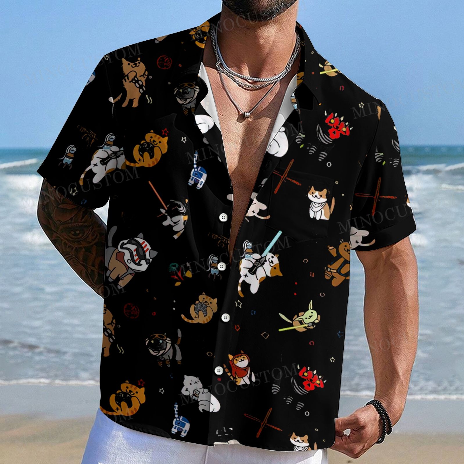 Tie The Fighter Cat Funny Men's Shirt Collar Resort Short Sleeve Shirt 