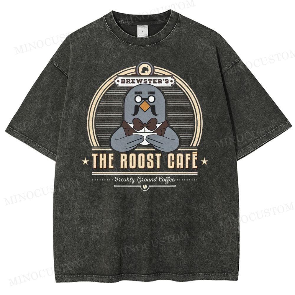 Cartoon Pigeon Barista Graphic Washed T-Shirt 