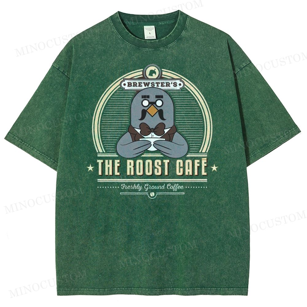 Cartoon Pigeon Barista Graphic Washed T-Shirt 