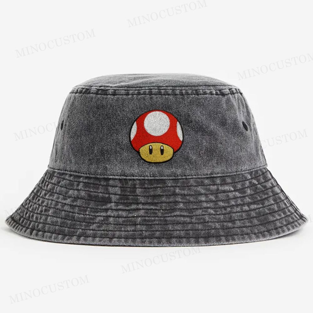 Embroidered Super Mushroom Washed Bucket Hat