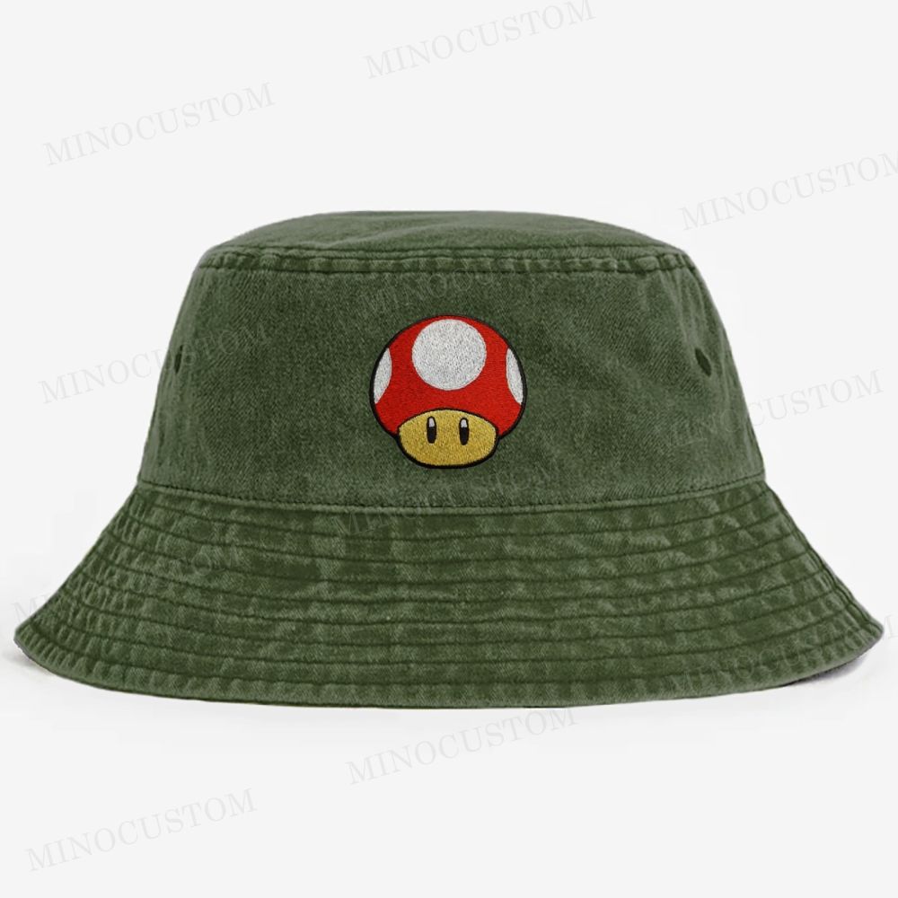 Embroidered Super Mushroom Washed Bucket Hat