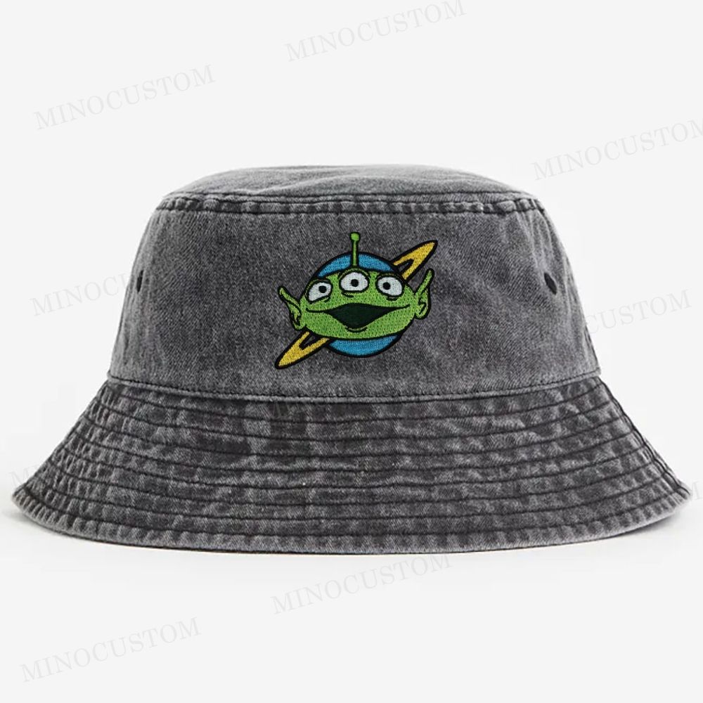 Embroidered Little Green Alien Washed Bucket Hat