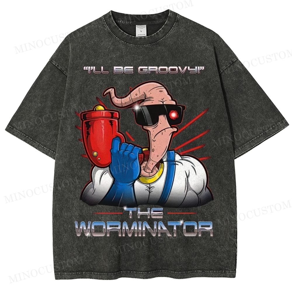 Funny Worm Parody Graphic Washed T-Shirt 