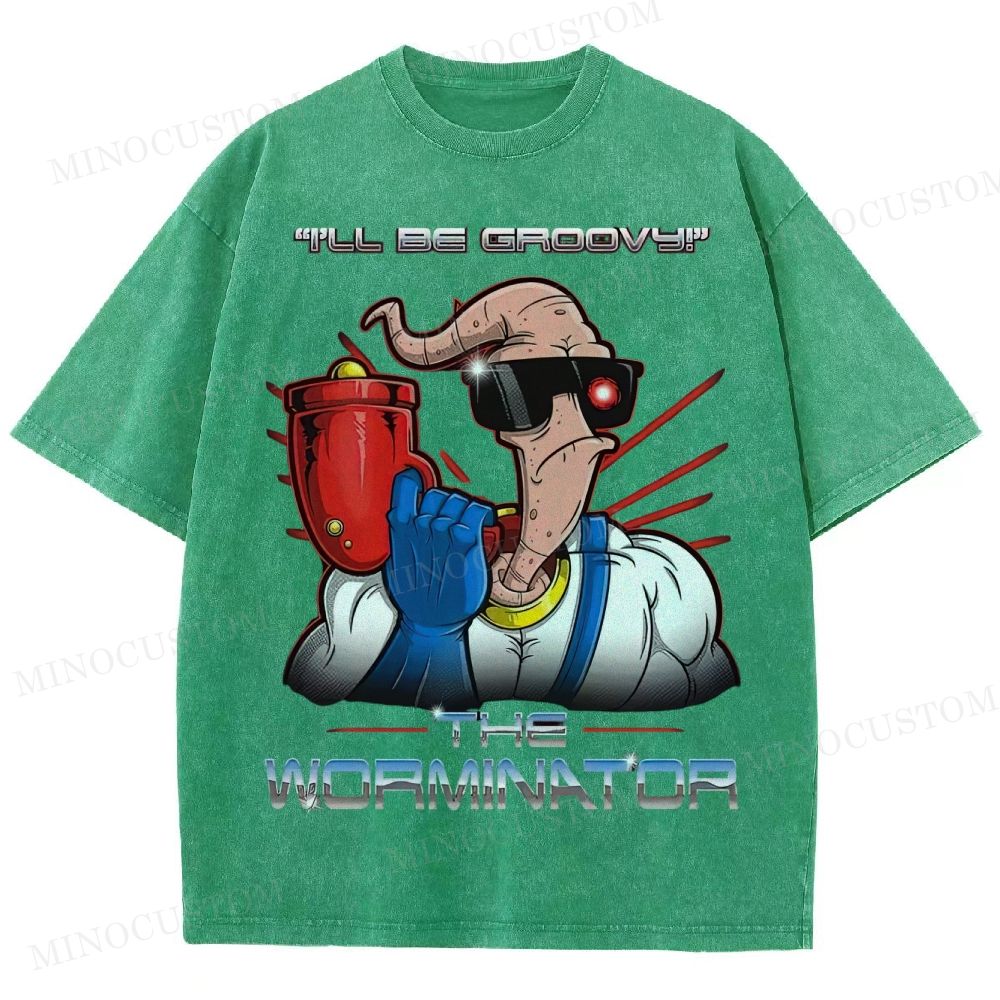 Funny Worm Parody Graphic Washed T-Shirt 