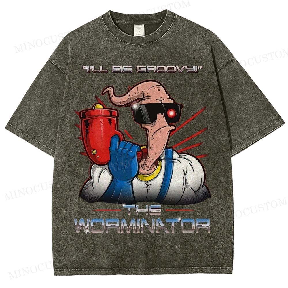 Funny Worm Parody Graphic Washed T-Shirt 