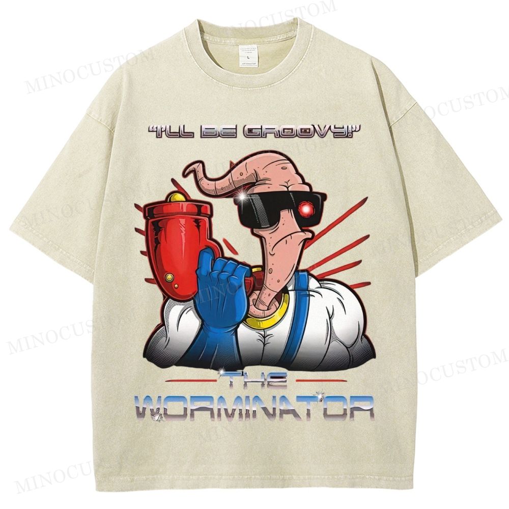 Funny Worm Parody Graphic Washed T-Shirt 