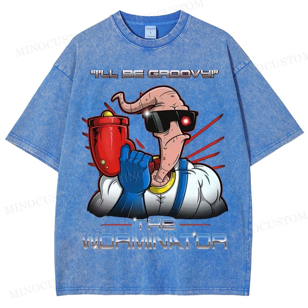 Funny Worm Parody Graphic Washed T-Shirt 