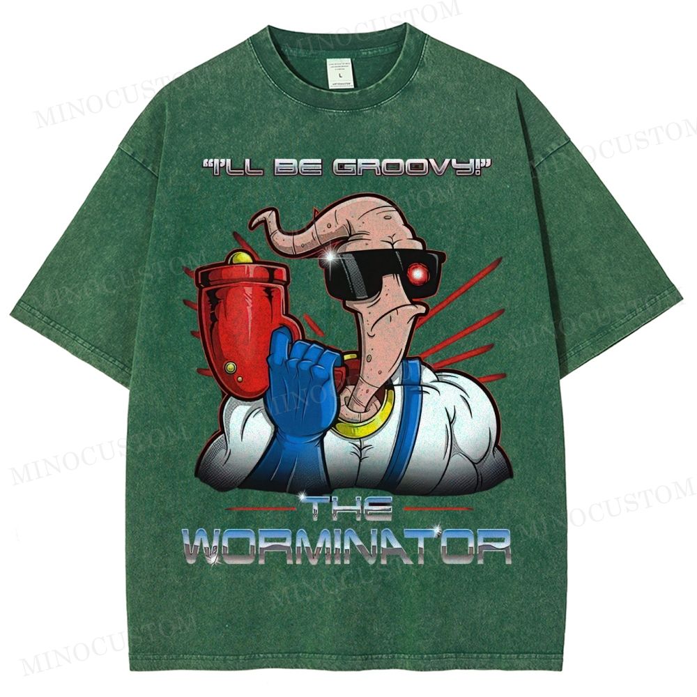 Funny Worm Parody Graphic Washed T-Shirt 