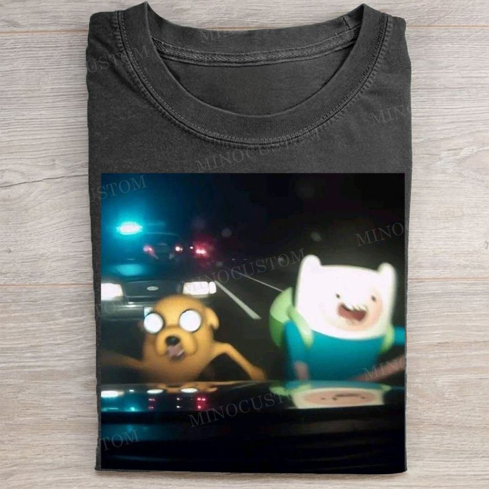 Embroidered Adventure Time Police Chase Meme Vintage Washed Tee