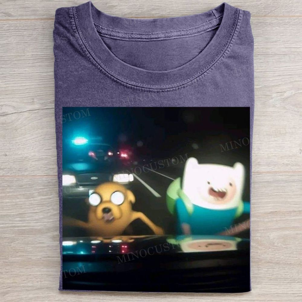 Embroidered Adventure Time Police Chase Meme Vintage Washed Tee