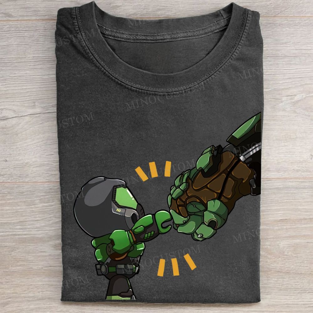  Chibi Space Marine Fist Bump Game Graphic Vintage Washed Tee