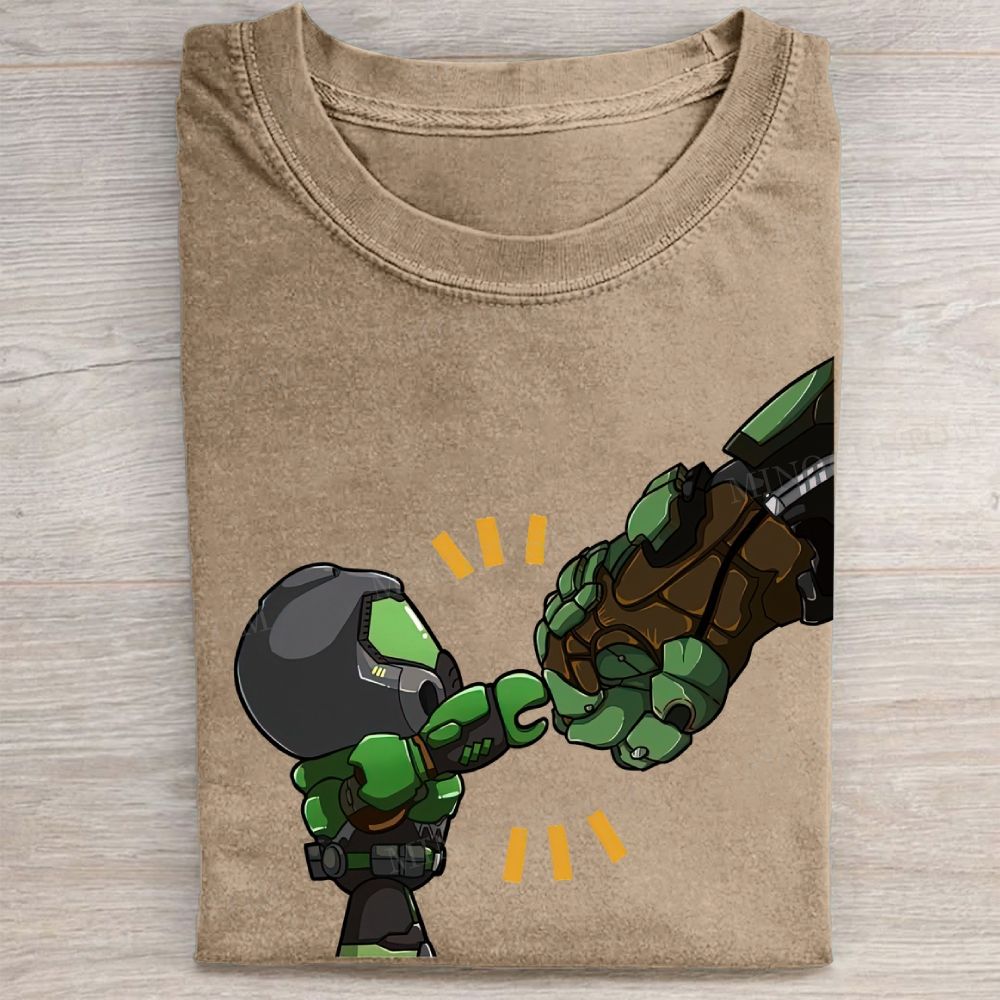  Chibi Space Marine Fist Bump Game Graphic Vintage Washed Tee