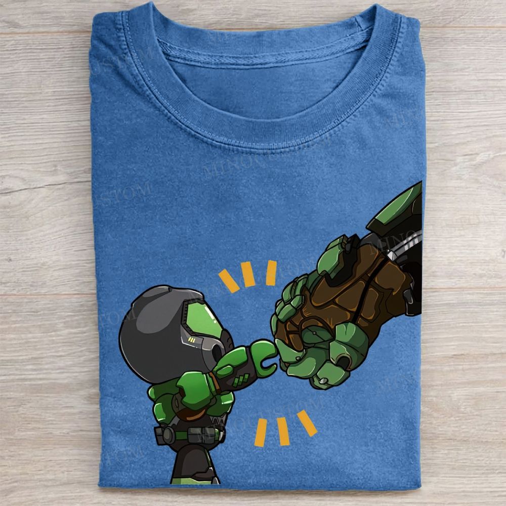  Chibi Space Marine Fist Bump Game Graphic Vintage Washed Tee