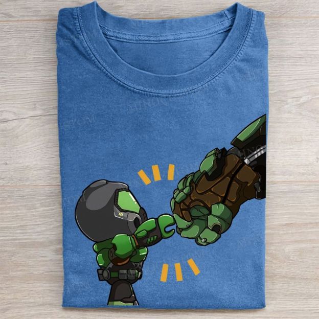  Chibi Space Marine Fist Bump Game Graphic Vintage Washed Tee