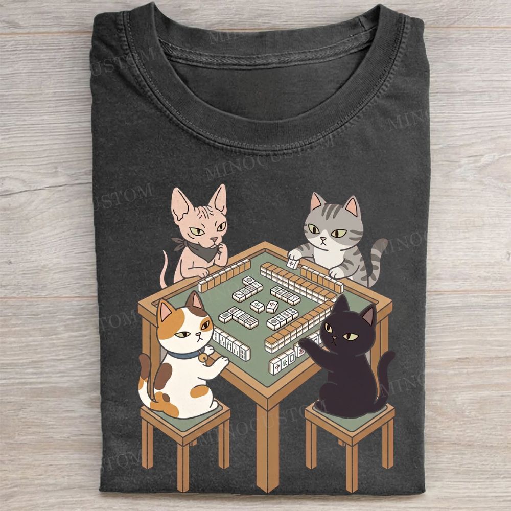 Cute Cats Playing Mahjong Graphic Vintage Washed Tee