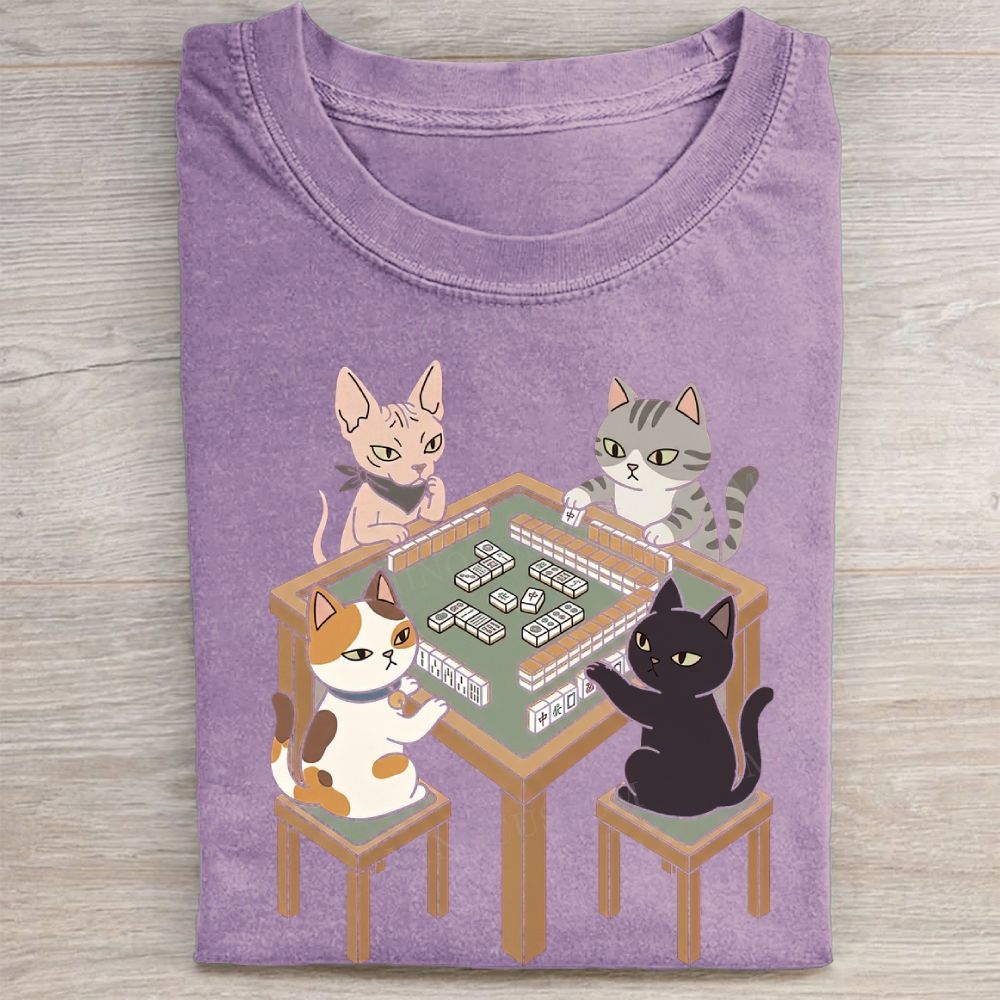Cute Cats Playing Mahjong Graphic Vintage Washed Tee