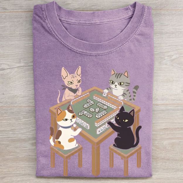 Cute Cats Playing Mahjong Graphic Vintage Washed Tee