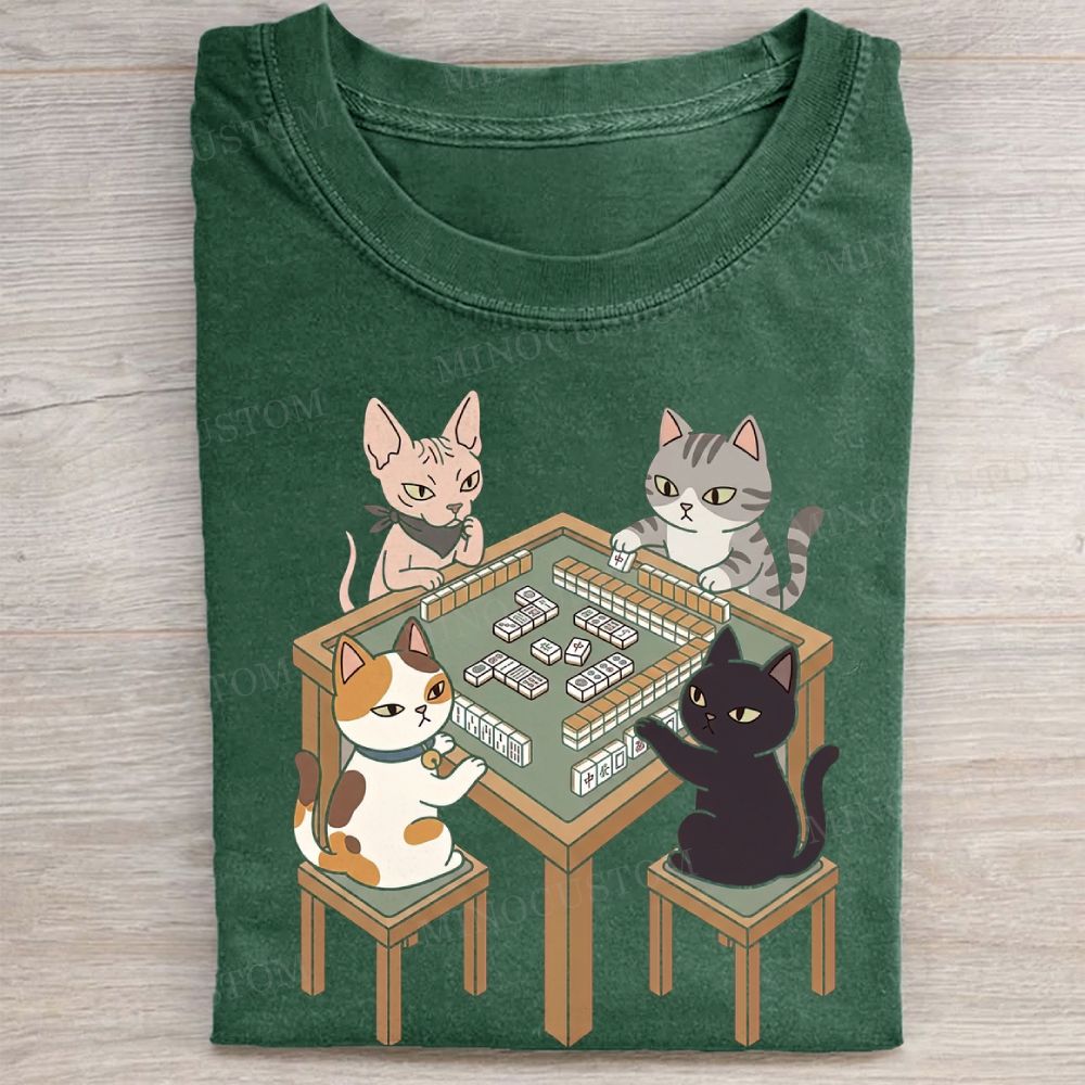 Cute Cats Playing Mahjong Graphic Vintage Washed Tee
