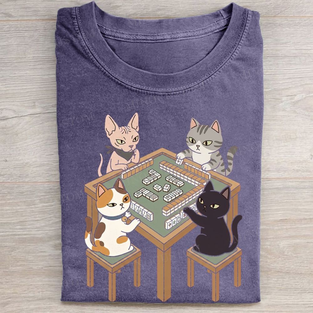 Cute Cats Playing Mahjong Graphic Vintage Washed Tee