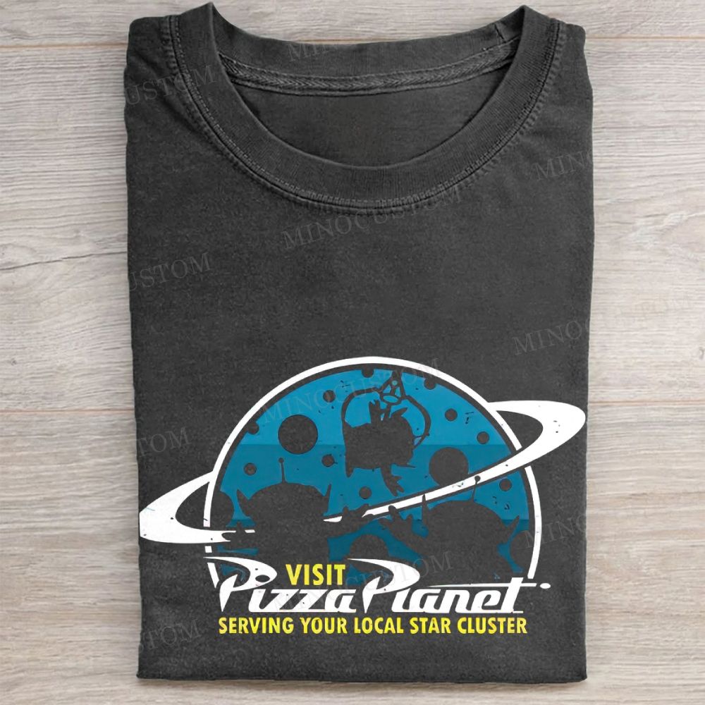 Space Alien Pizza Planet Retro Graphic Vintage Washed Tee