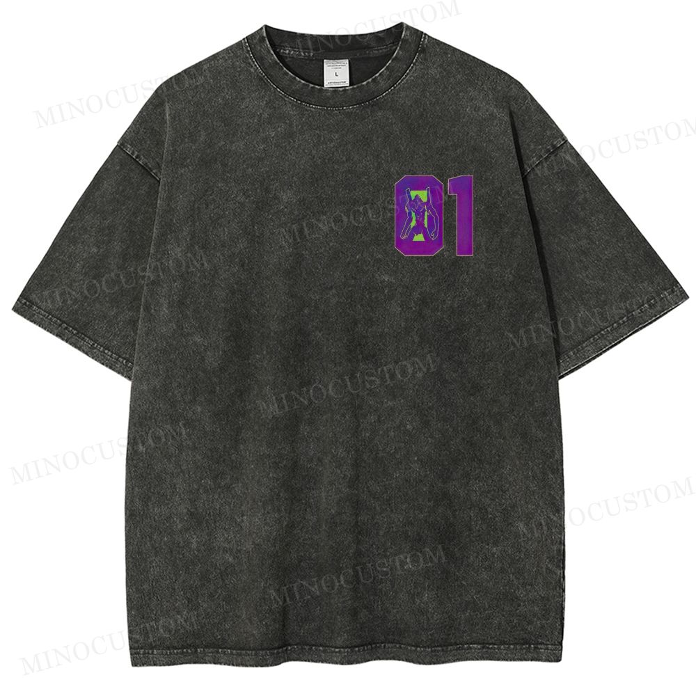  Mecha Unit 01 Retro Anime Back Print  Washed T-Shirt