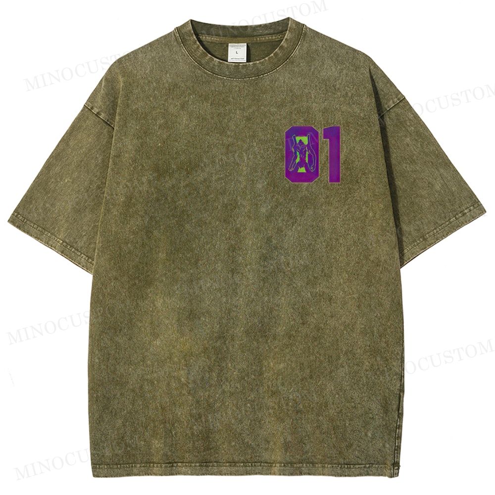  Mecha Unit 01 Retro Anime Back Print  Washed T-Shirt