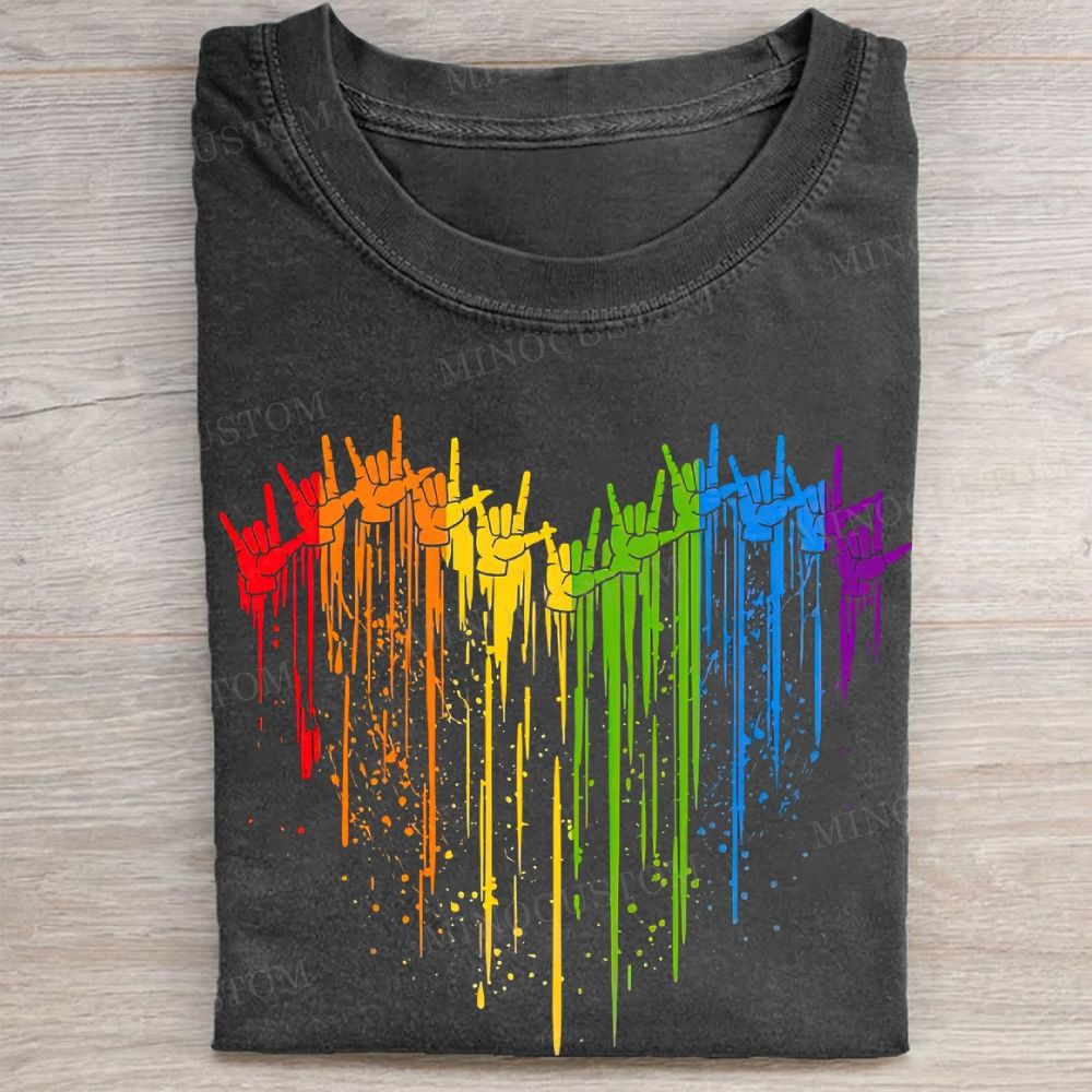 Rainbow Hand Heart Shape Pride Graphic Vintage Washed Tee