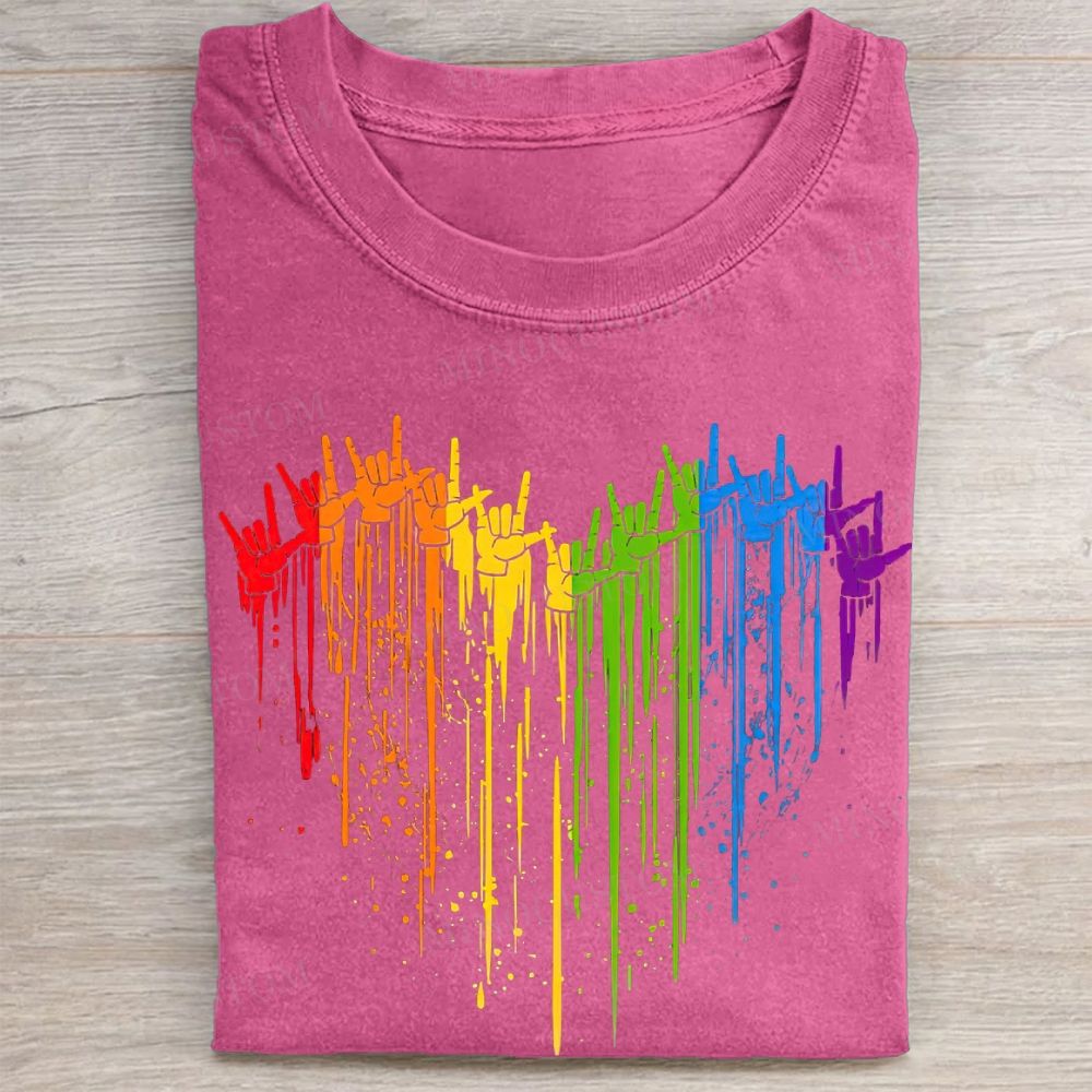 Rainbow Hand Heart Shape Pride Graphic Vintage Washed Tee