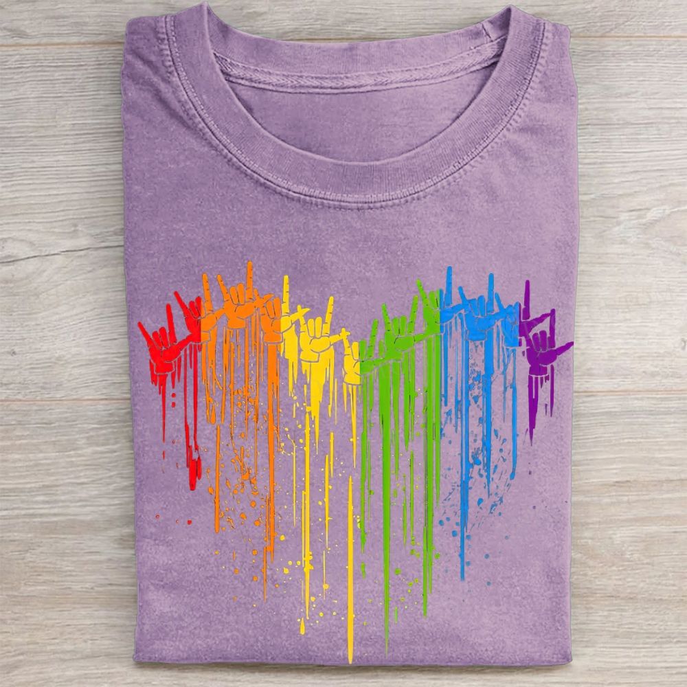 Rainbow Hand Heart Shape Pride Graphic Vintage Washed Tee