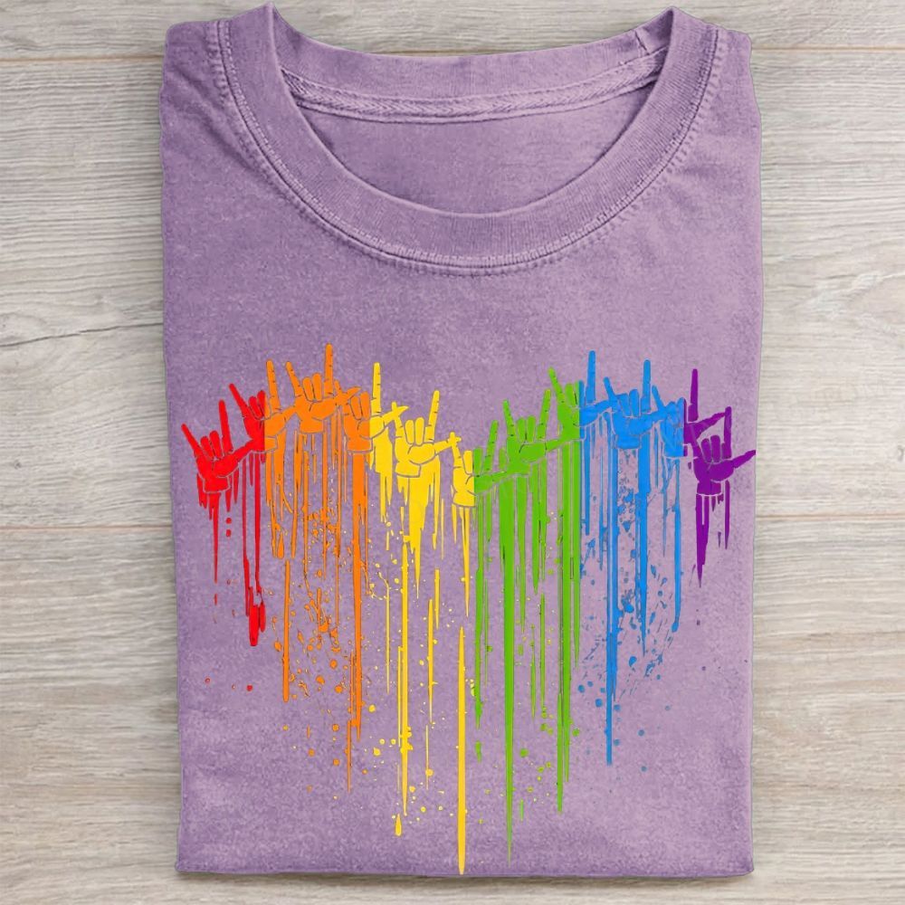 Rainbow Hand Heart Shape Pride Graphic Vintage Washed Tee