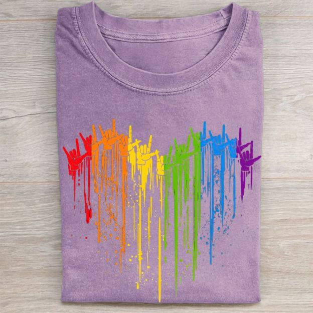 Rainbow Hand Heart Shape Pride Graphic Vintage Washed Tee