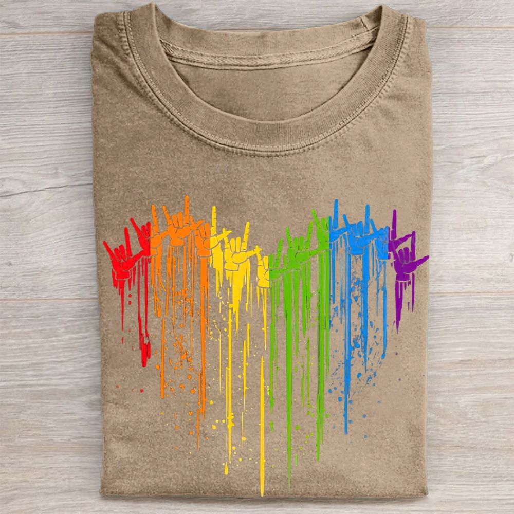 Rainbow Hand Heart Shape Pride Graphic Vintage Washed Tee