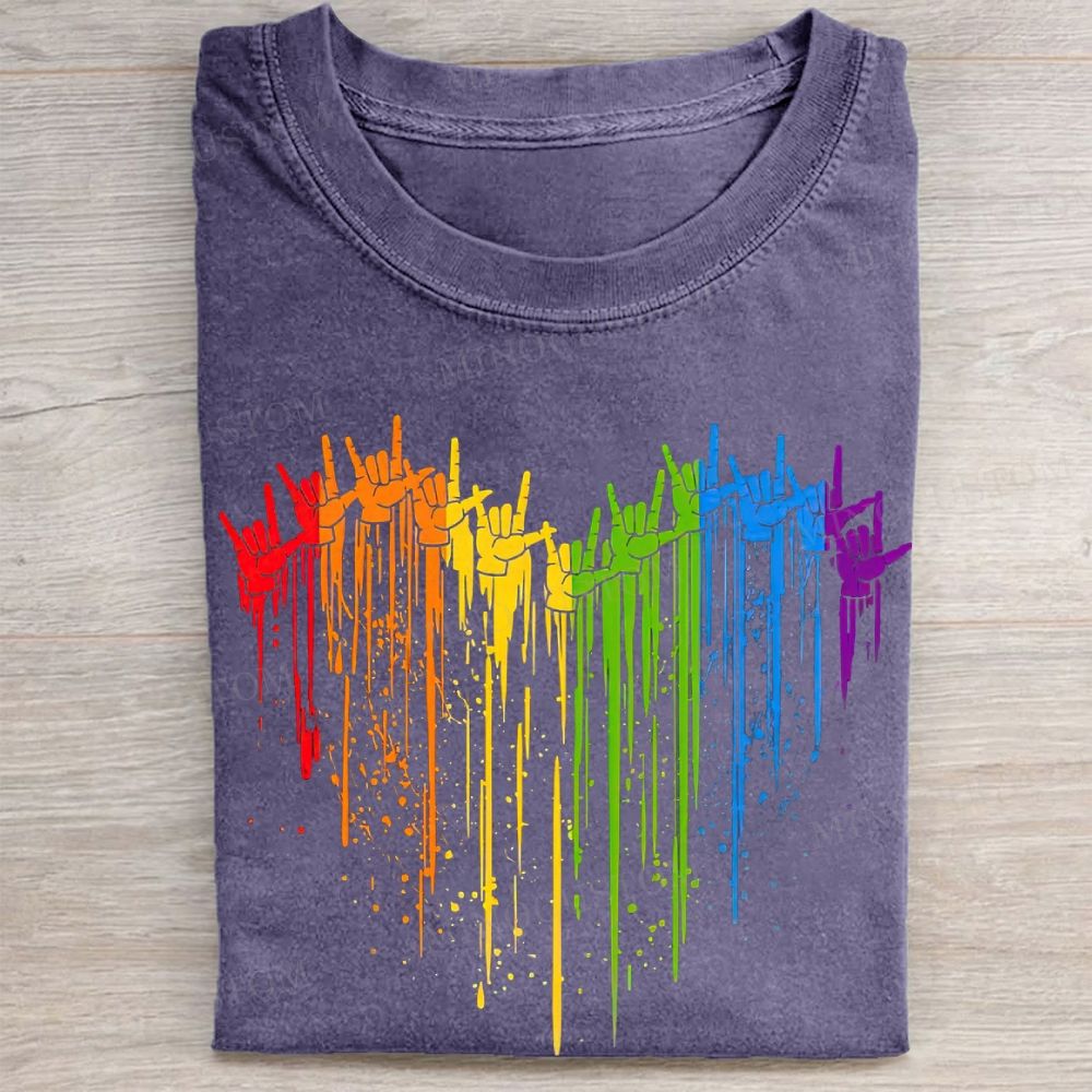 Rainbow Hand Heart Shape Pride Graphic Vintage Washed Tee
