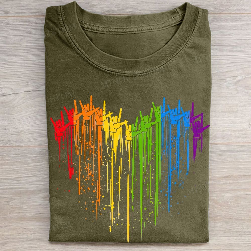 Rainbow Hand Heart Shape Pride Graphic Vintage Washed Tee