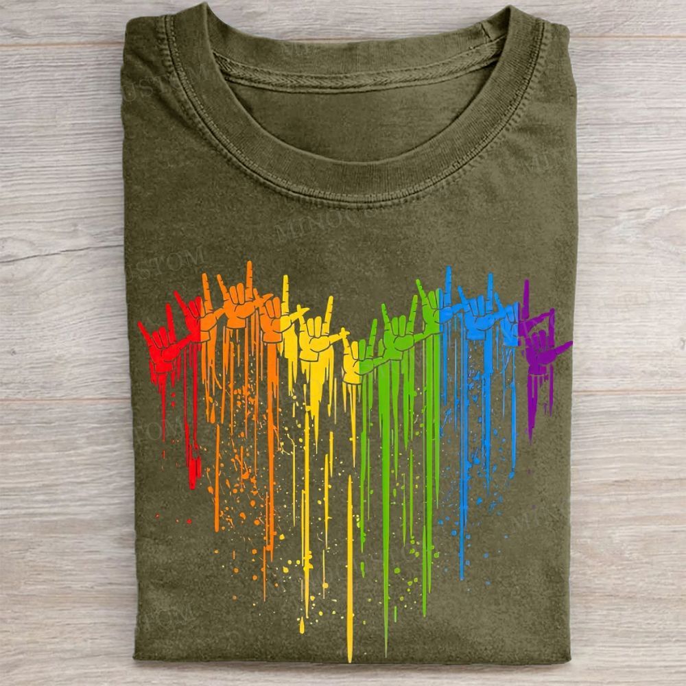 Rainbow Hand Heart Shape Pride Graphic Vintage Washed Tee