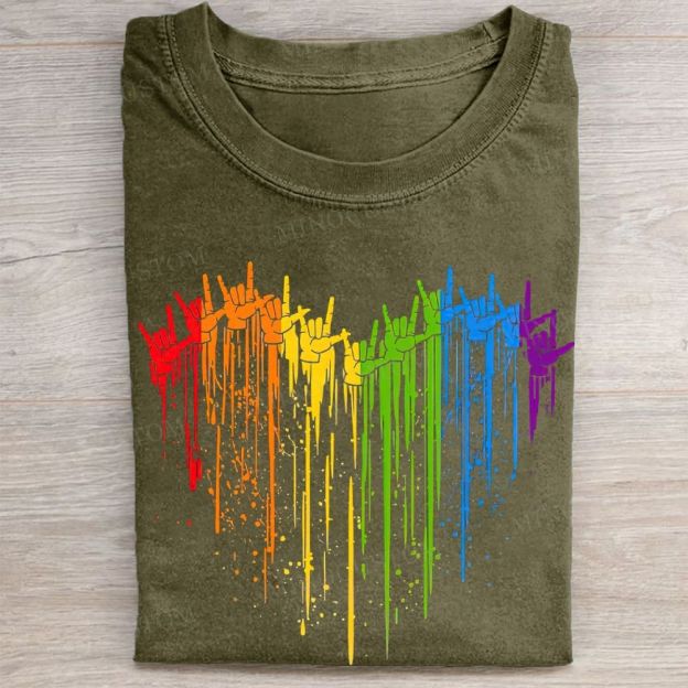 Rainbow Hand Heart Shape Pride Graphic Vintage Washed Tee