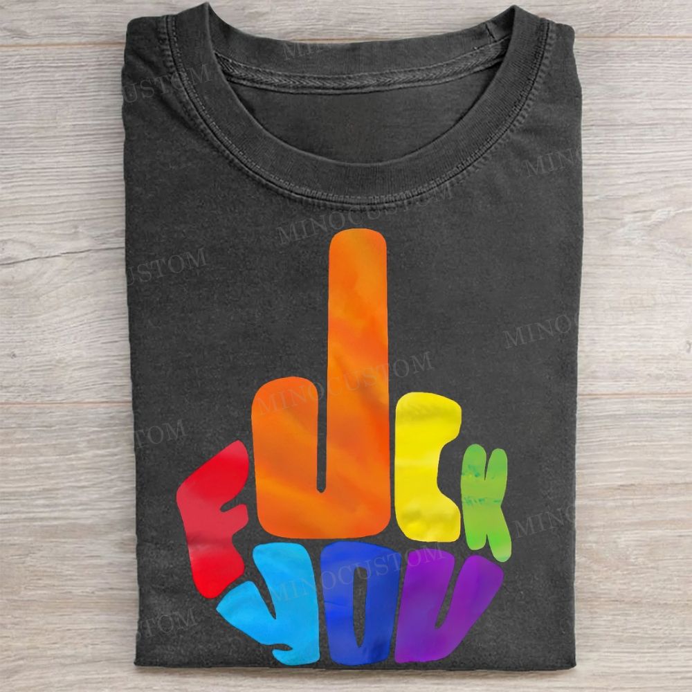  Rainbow Middle Finger Sarcastic Casual Vintage Washed Tee