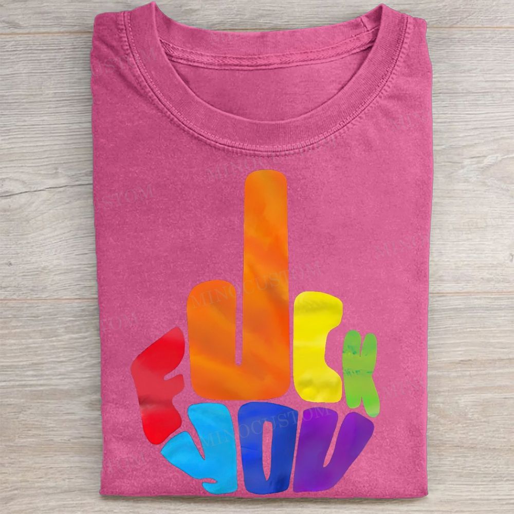  Rainbow Middle Finger Sarcastic Casual Vintage Washed Tee