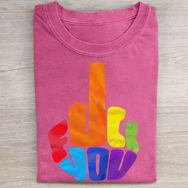  Rainbow Middle Finger Sarcastic Casual Vintage Washed Tee