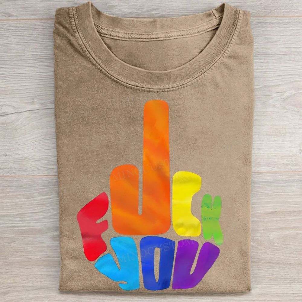  Rainbow Middle Finger Sarcastic Casual Vintage Washed Tee