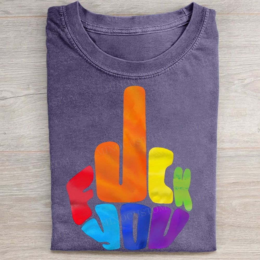 Rainbow Middle Finger Sarcastic Casual Vintage Washed Tee