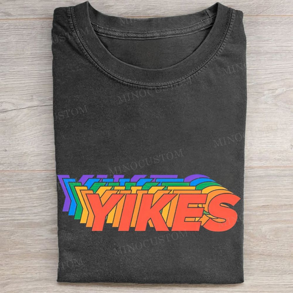 Layered Rainbow Yikes Retro Text Vintage Washed Tee 