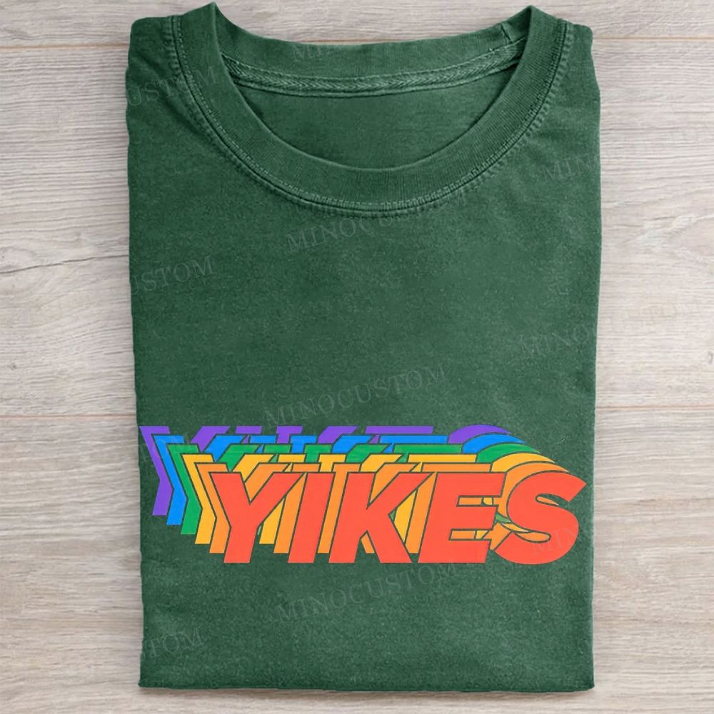 Layered Rainbow Yikes Retro Text Vintage Washed Tee 